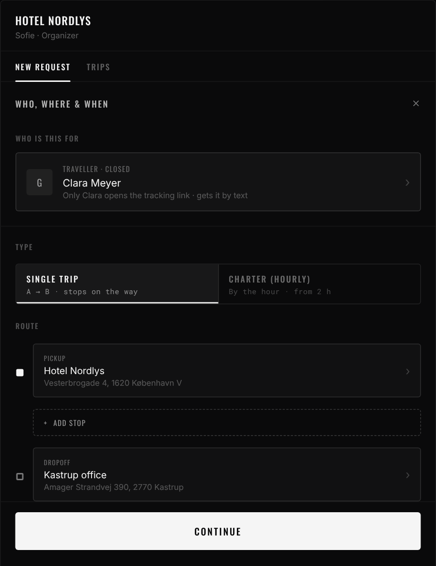 A new request: who it is for, the route and the time