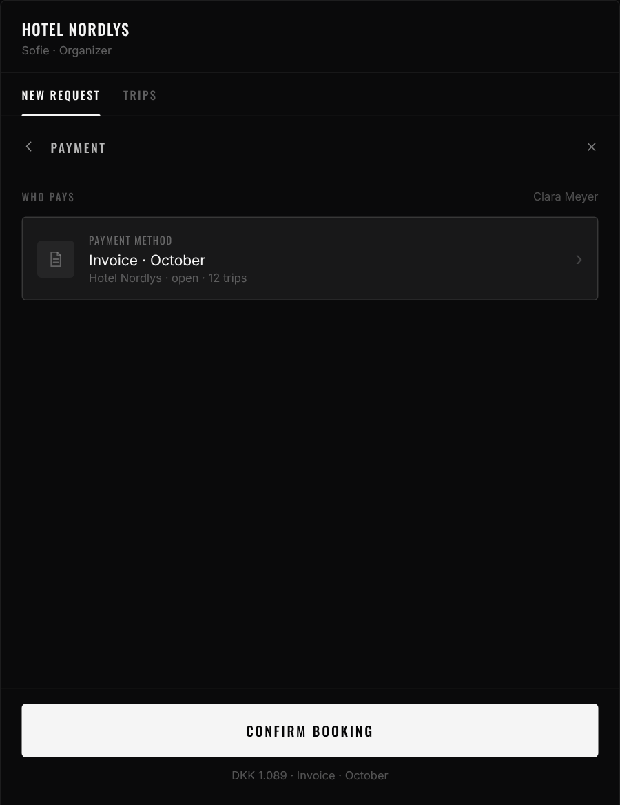 Payment: the ride goes on the hotel's invoice