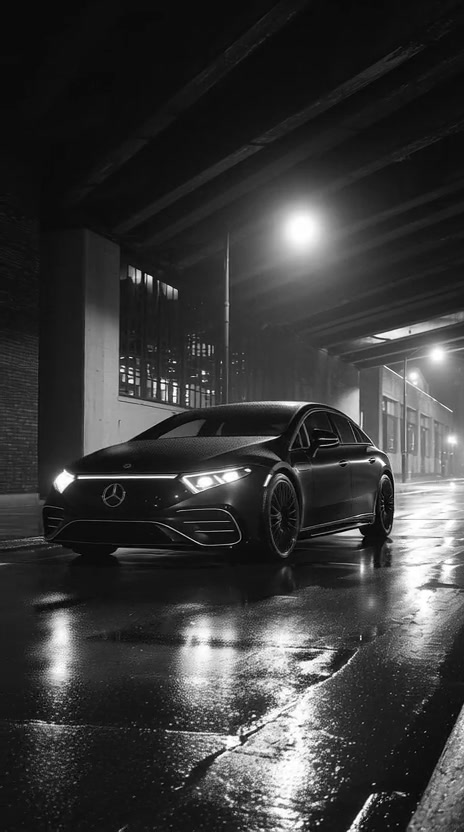 A black saloon on a wet street at night