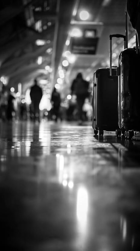 Travellers with luggage in an arrivals hall at night