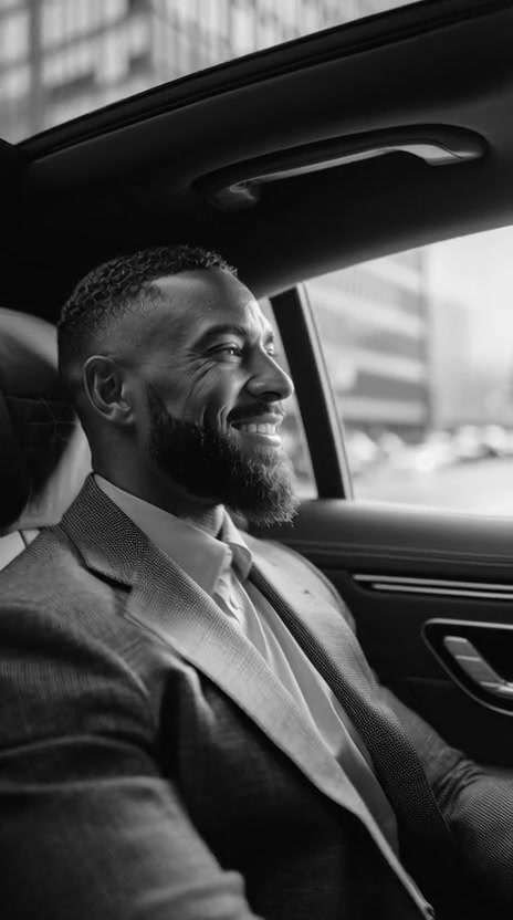 A passenger in the back seat between meetings