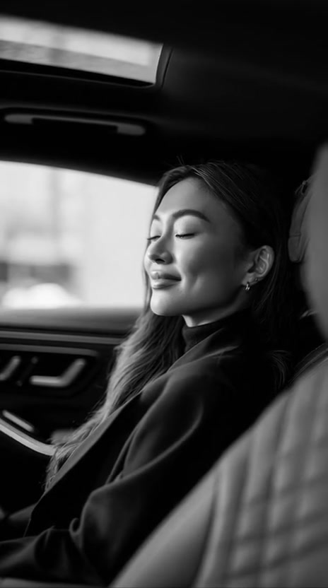 A passenger smiling in the back seat